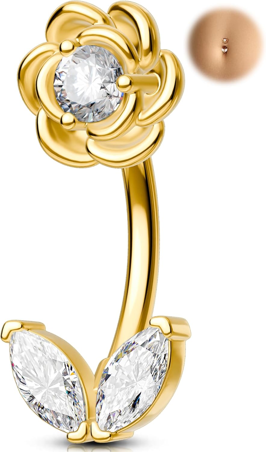 Melighting 14G Flower Belly Button Ring, 316L Surgical Steel Marquise CZ Belly Rings, Gold Navel Piercing Barbell, 10 mm Silver Body Jewellery for Women