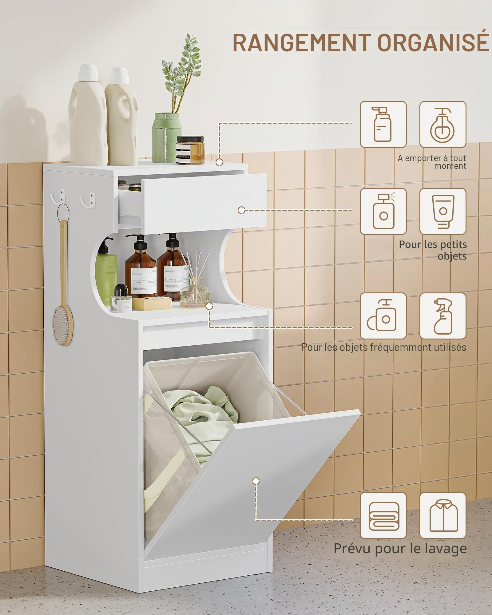 Hzuaneri Meuble Salle de Bain avec Panier à Linge, Placard de Rangement | 1 Tiroir et 1 Panier à Linge, Armoire Toilette , 40 x 40 x 100 cm, Blanc BC42003X