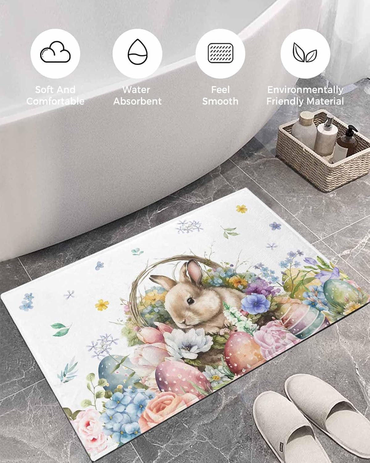 Fluffy Bath Rug Spring Easter,Non Slip Shag Carpet Soft Floor Door Mat Cute Rabbit with Blossom Flowers Eggs Basket,Absorbent Entrance Rugs for Kitchen Bathroom Living Room 16x24In