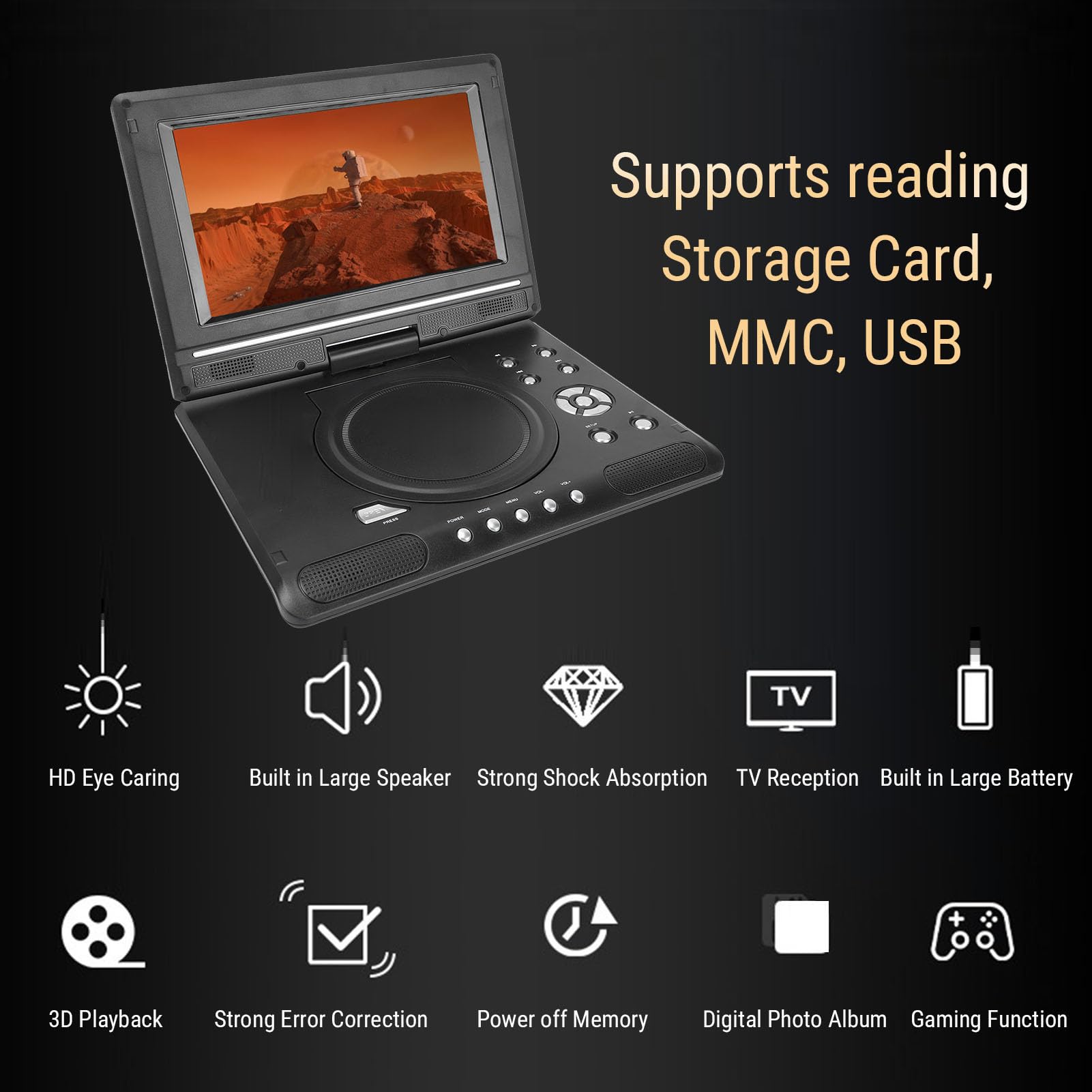 Jectse Lecteur DVD Portable de 9,8 Pouces avec télécommande, écran pivotant, Deux Haut-parleurs, Prise en Charge de l'entrée USB, de la Sortie AV et de Plusieurs (Prise UE)