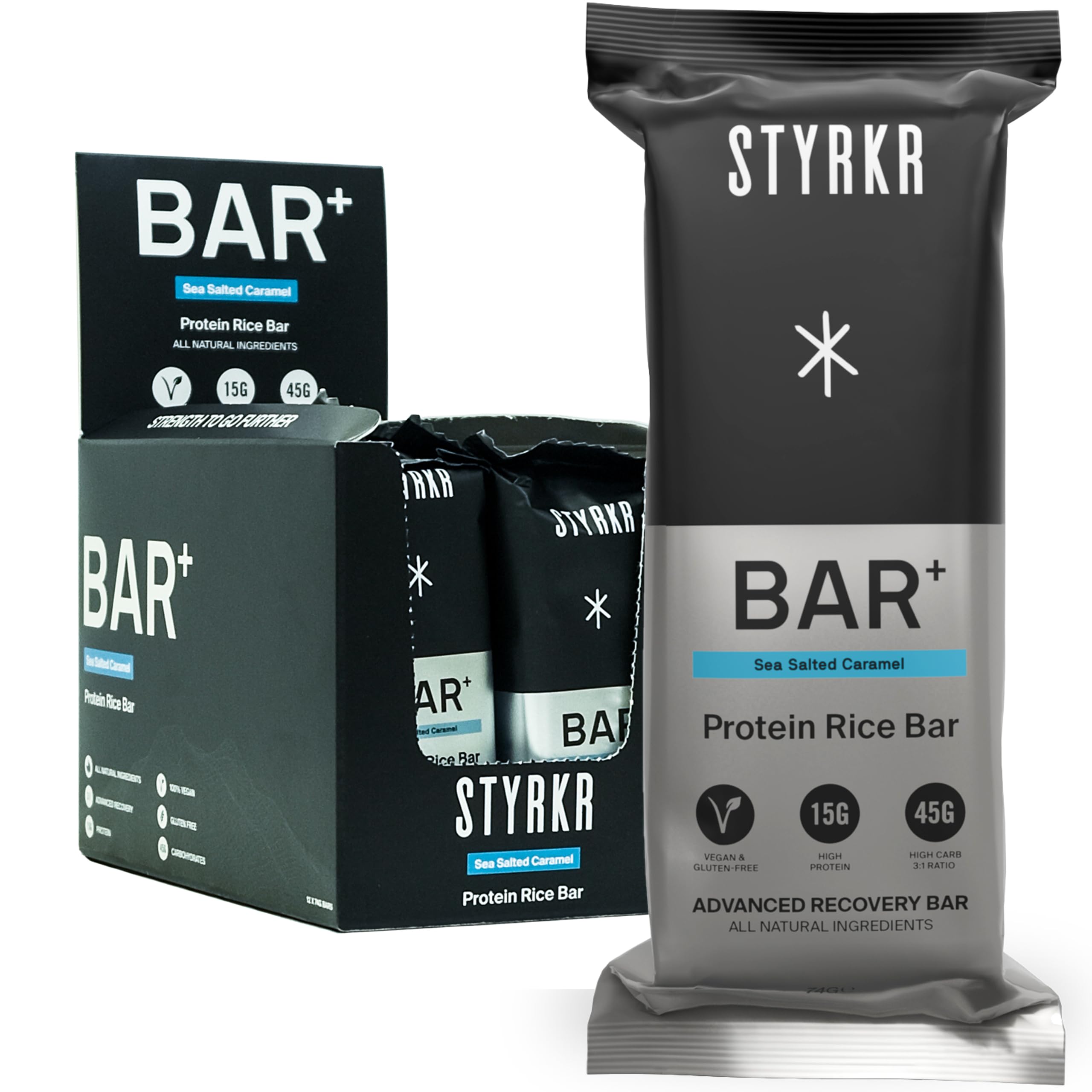 High Protein Energy Bars by Styrkr - 15g of Protein & 45g of Carbs - Pack of 12 Rice Bars - Sea Salted Caramel Flavour - Approved by Endurance Athletes for Cycling & Running - BAR+ 12x Pack
