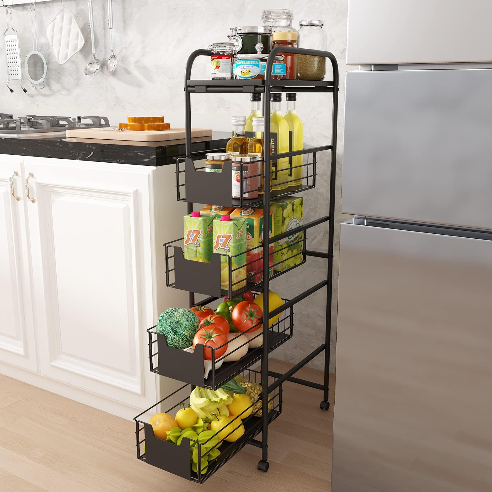 WHIFEA5 Tier Slim Rolling Cart with Drawers Pull-Out Design Corner Storage Shelf Organizer with Wheels Metal Storage Shelving Unit for Narrow Space,Kitchen, Bedroom, Bathroom, Home Office