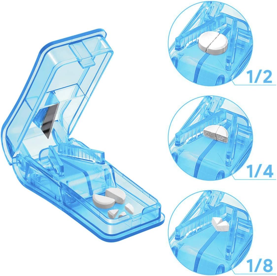 Pill Cutter for Small or Large Pills, Tablets Splitter with Safety Blade Guard, Easy Cut Medicine Slicer, Medication Vitamin Divider Cutting Drugs Cleanly (Blue)