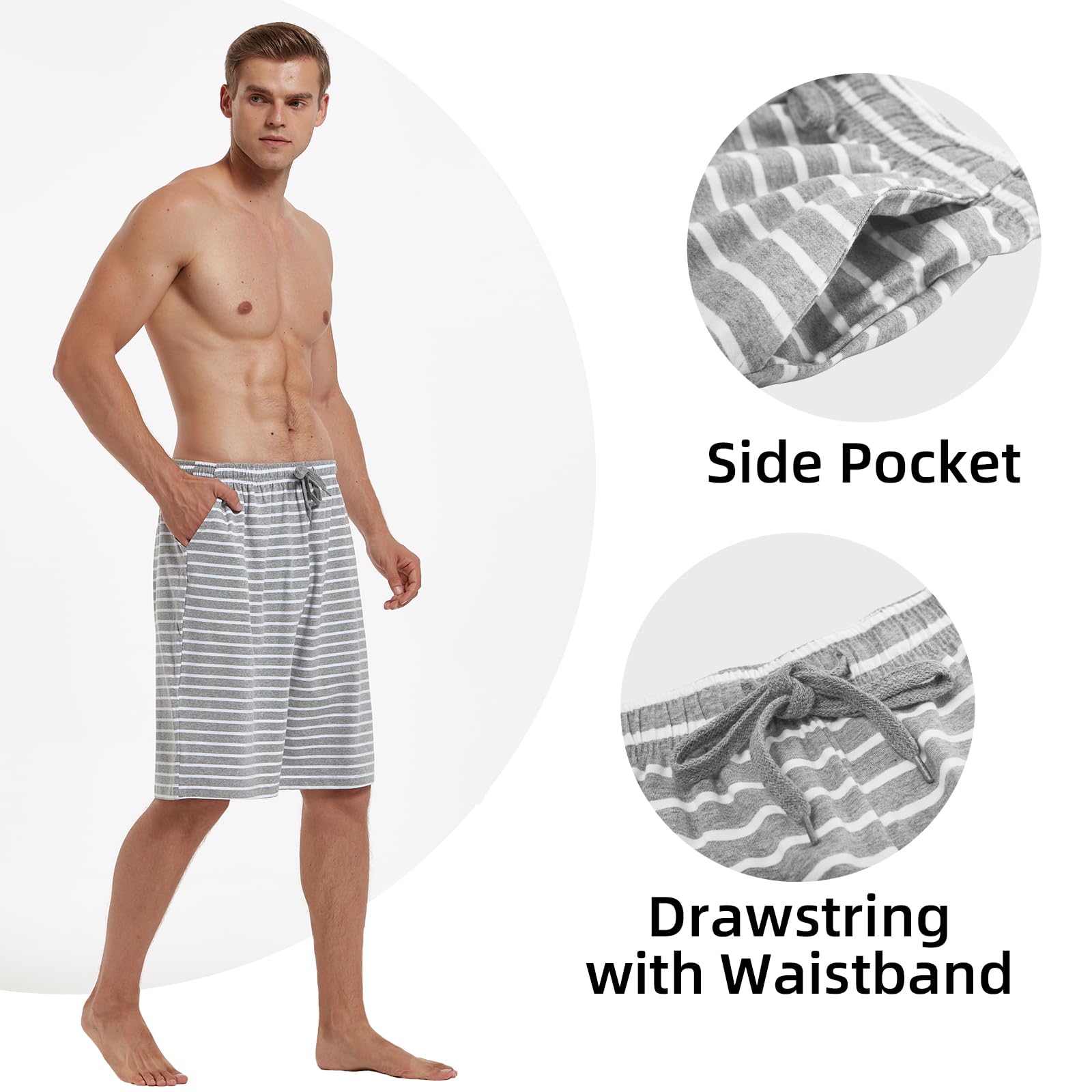 HomyComy Herren 2er-Pack Schlafshorts Gestrickte Schlafanzughose Pyjamahose kurz Baumwolle Lounge-Hose Nachthose Freizeithose mit Taschen
