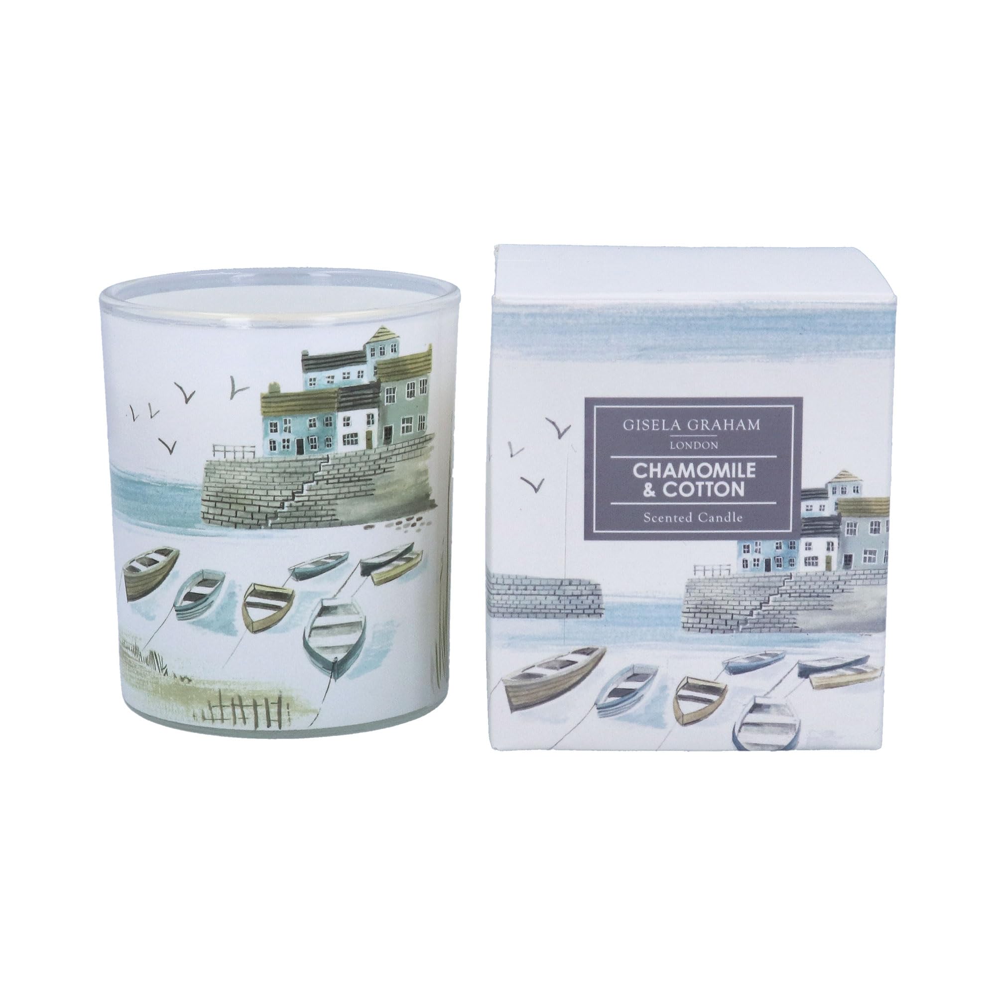 Gisela Graham Camomile & Cotton Scented Candle, Coastal Harbour Design, 8cm Diameter