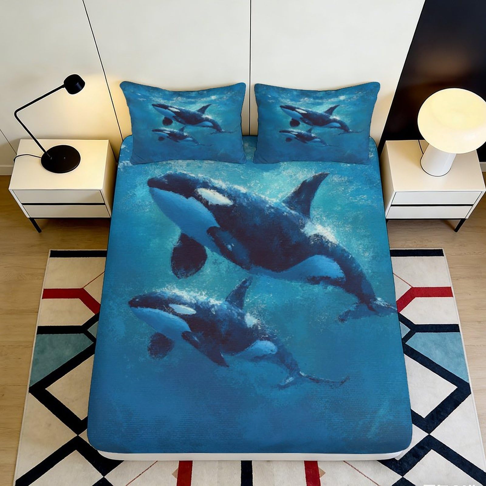 3D Printed Blue Orca Whale Fitted Sheet Microfiber Soft Breathable Underwater Ocean Mattress Cover for Bedroom Dormitory Guest Room Decor 120x200x25cm