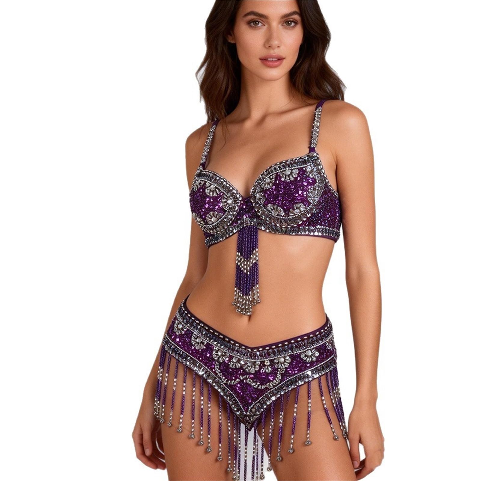 Paillette Brillant à Frangé Haut de Danse Costume de Danse 2 pièces for Femme de Style Oriental avec Soutien-Gorge et Ceinture à Paillettes et Perles(Color 7,M)