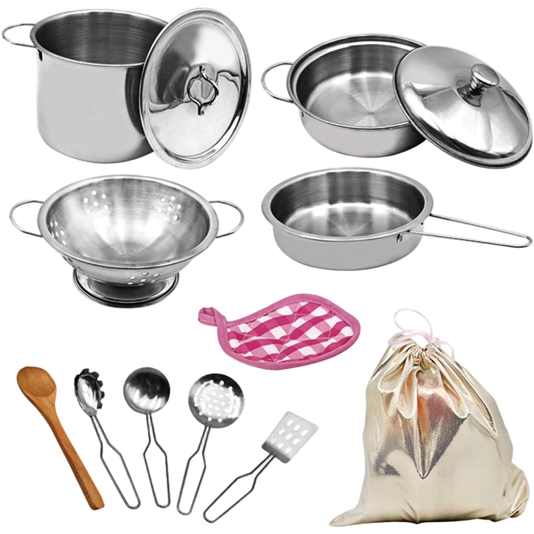 Set di pentole e padelle da gioco in acciaio inossidabile 12 pezzi/set – Fingi utensili da cucina con custodia per bambini