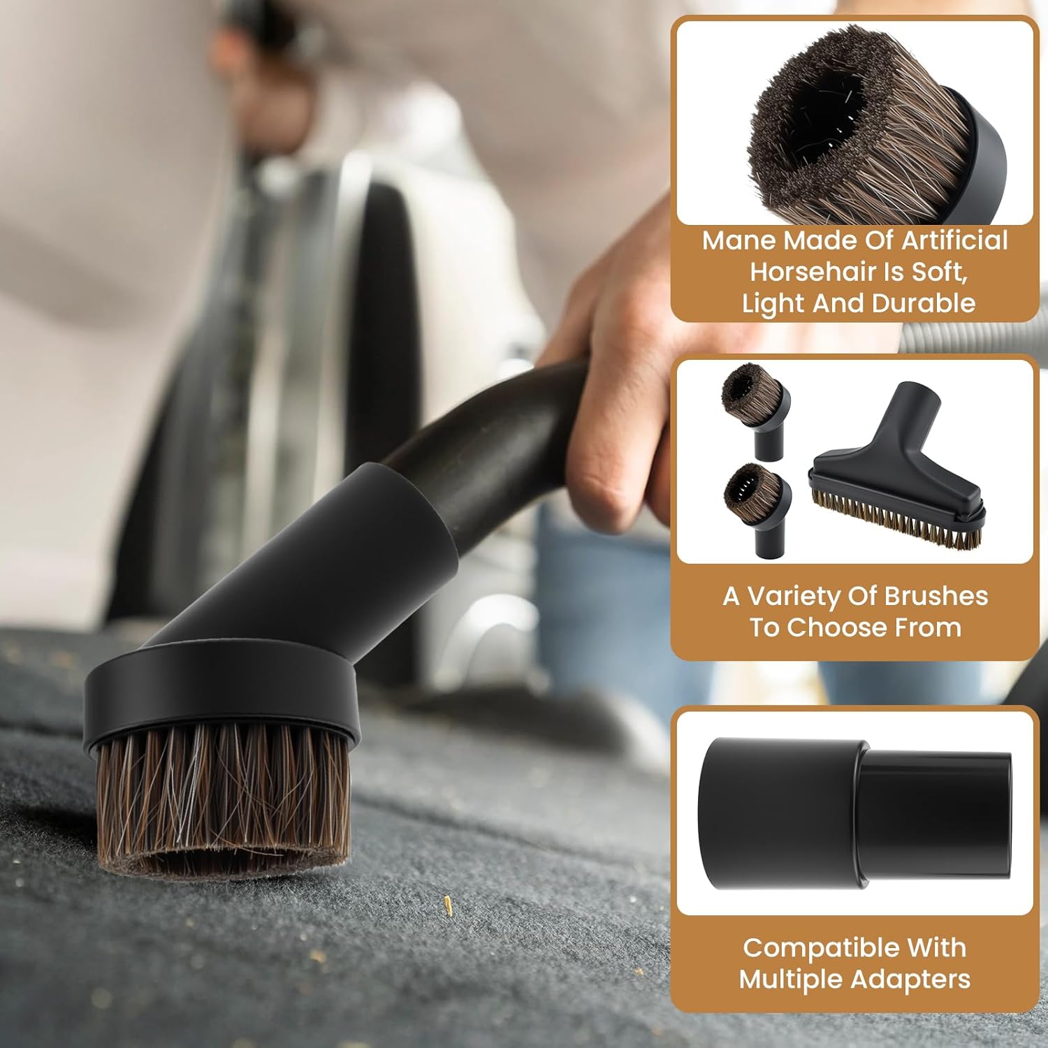 4Pcs Vacuum Attachments, 5.9 Inch Floor Brush 1-1/4 to 1-3/8 Inch Adapter, 25mm & 36mm Shop Round Dust Brushes for Standard Hose