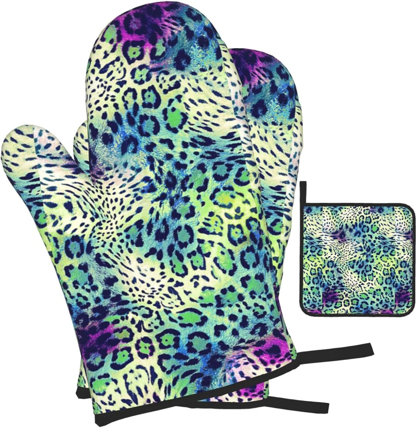 Green Leopard Print Heat Resistant Microwave Gloves, Used for Baking, Cooking, and Fashion Kitchen Essentials
