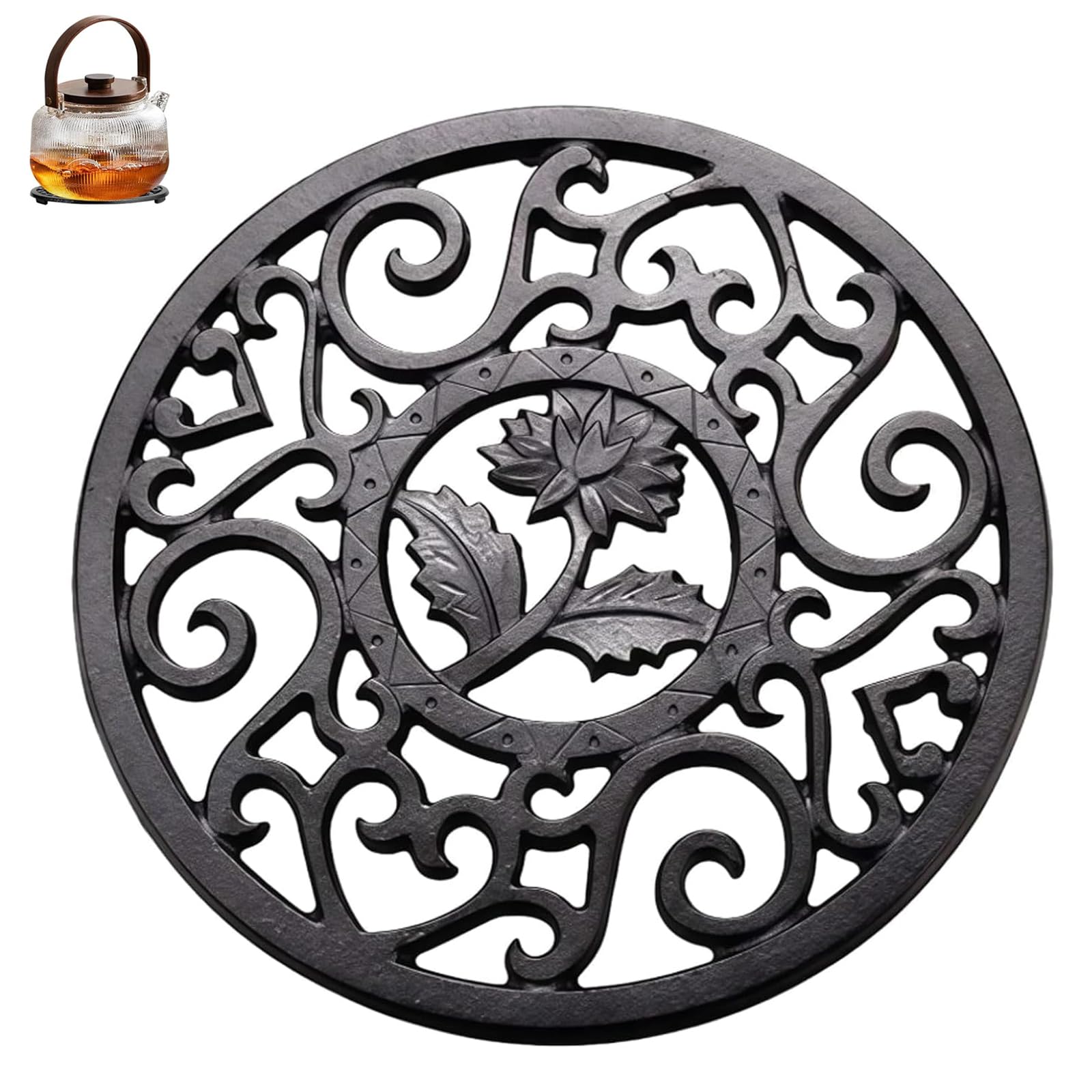 Tarqite Teapot Stand, Diameter 11.5cm, Round Multi-Use Insulated Carved Mat Durable Non Slip Coasters, Kitchen Dining Decor Gift (Black)