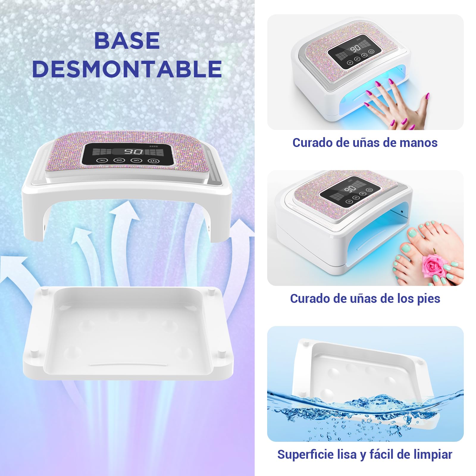 Lámpara UV inalámbrica recargable para uñas de gel, lámpara LED para uñas decorada con diamantes de imitación brillantes para el hogar/salón de uñas (brillante diamante y blanco)