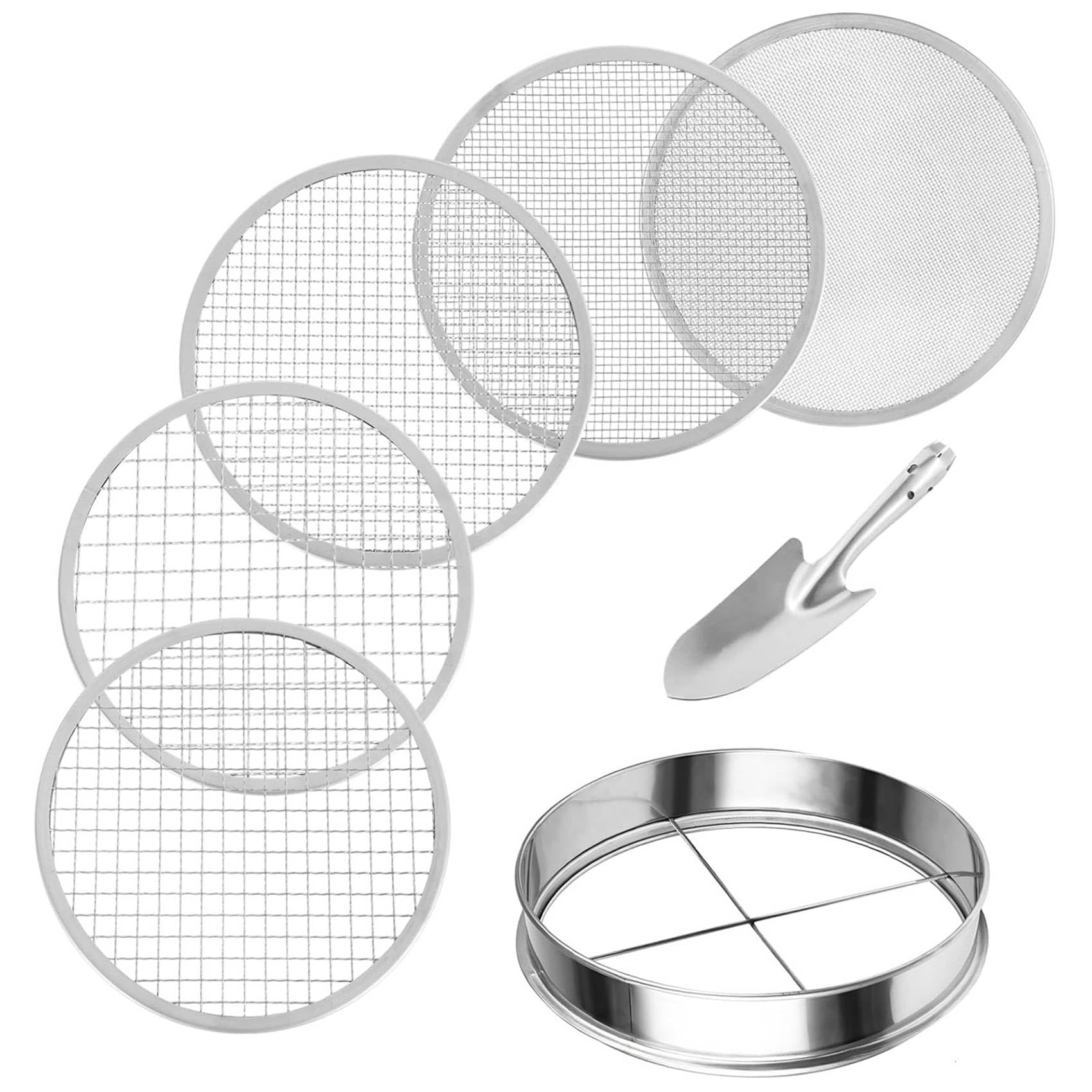 DHYAWUER Soil Sifter Stainless Steel Riddle Sieve Set for Gardening with 5 Sizes 8in Diameter 1/3/6/9/12mm Interchangeable Meshes Easy Install