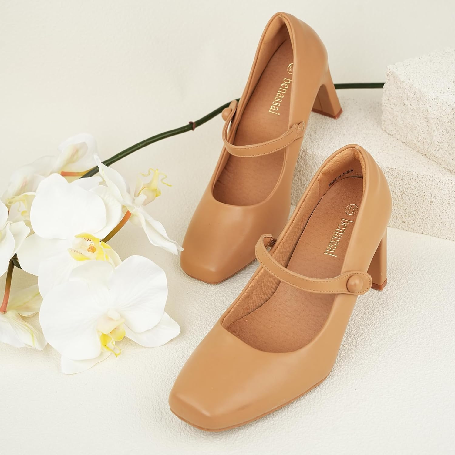 Womens Mary Janes Chunky Heels Square Toe Pumps