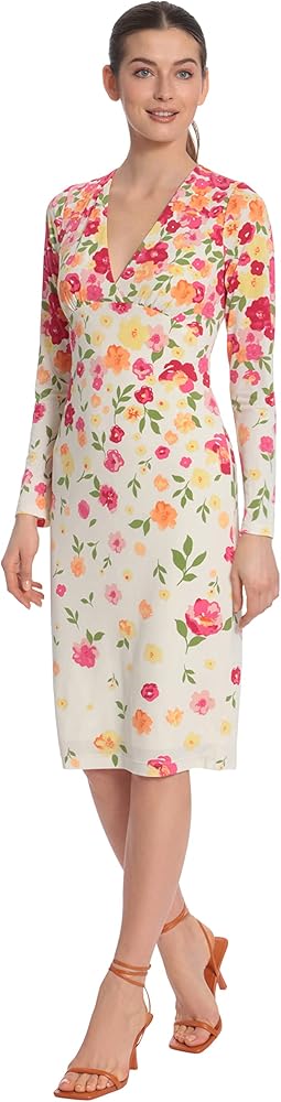 Maggy London Women's Floral Printed V-Neck Surplus Bodice Empire Waist  Sheath Dress, Ivory/Magenta, 0 at Amazon Women's Clothing store