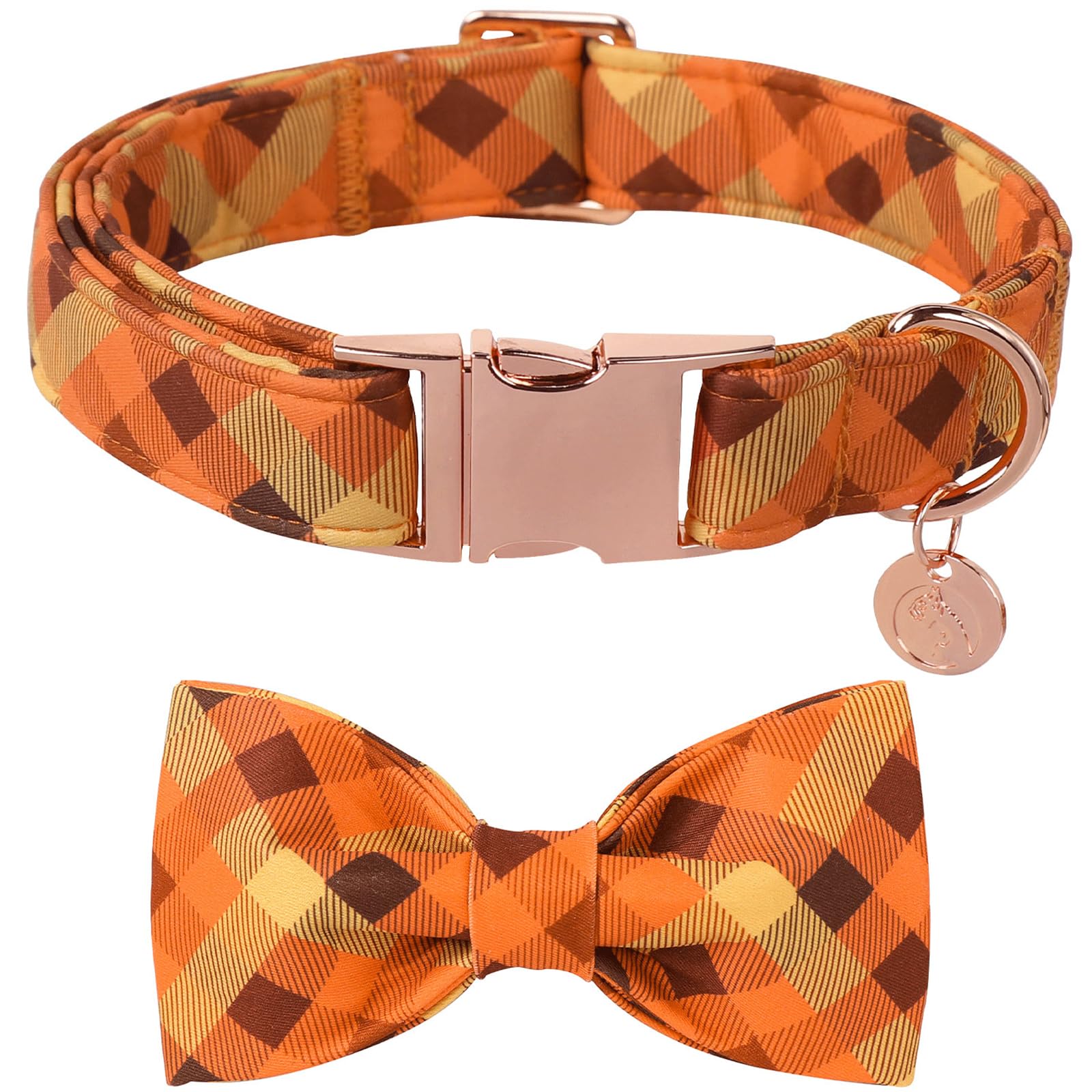 DOGWONG Fall Dog Collar Bow Adjustable Girl Boy Orange Dog Collar Bow Tie Cute Plaid Dog Collar for Small Medium Large Dogs
