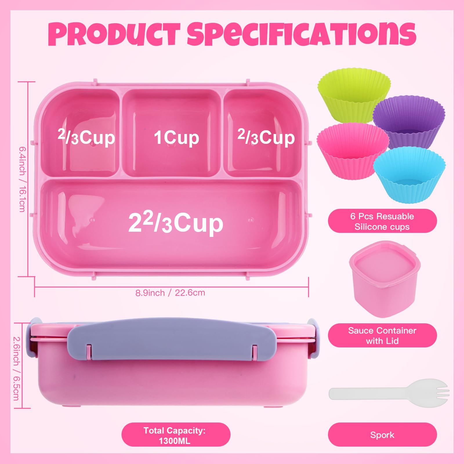 MaMix Bento Lunch Box, 4-Compartment Adult & Kids Lunch Containers (1300ML, Purple)