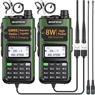 BAOFENG GMRS Radio Handheld Long Range GM-15 Pro 8W Walkie Talkie with Earpiece NOAA Weather Receiver Rechargeable GMRS Repeater Two Way Radio with USB-C Charger for Hunting Survival Gear,2Pack