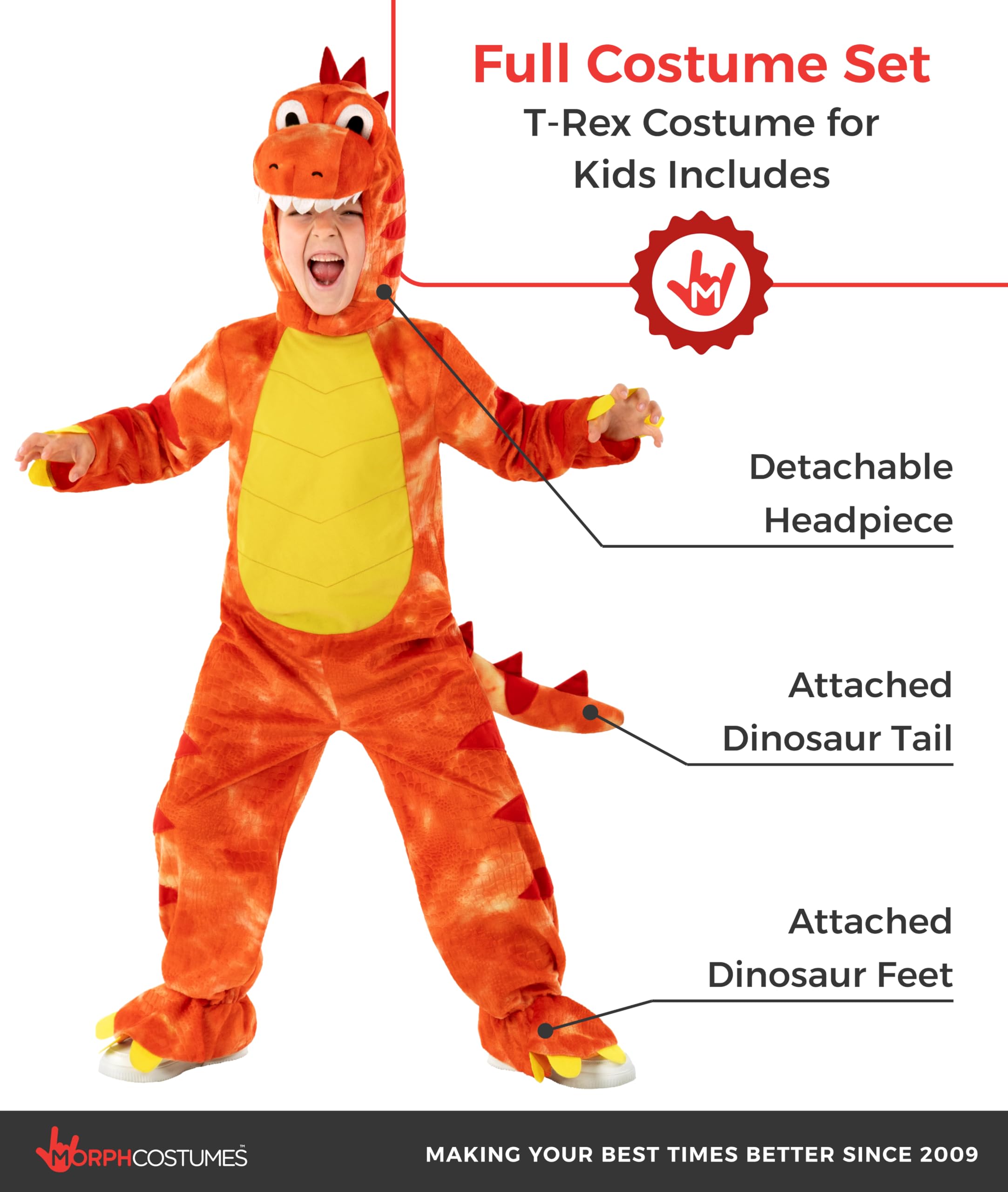 Morph Kostium Dinozaura dla Dzieci Pomarańczowy, Strój T-Rex Maluch, Przebranie Dino Halloween PL