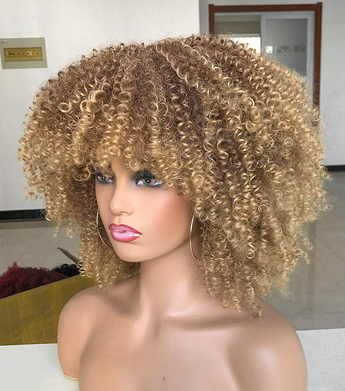 Curly Afro Synthetic Wig for Black Women, Short Kinky Curls with Bangs