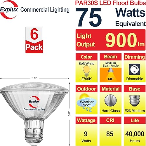 Miniatura 2 de Explux - Bombillas LED PAR30 de grado comercial de cuello corto, equivalente a 75 W, 40000 horas, regulables, de vidrio completo, impermeable y