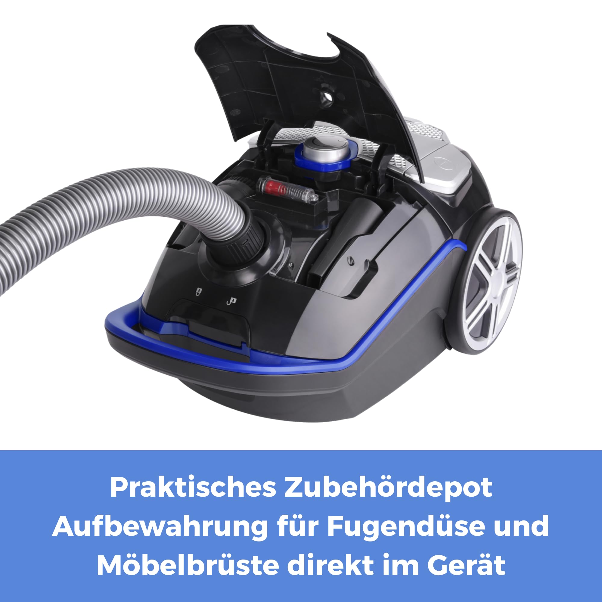 Fakir Blue Vac Power TS 721 Staubsauger mit Beutel 800W, Bodenstaubsauger mit Kabel, HEPA H14 Filter, sehr leisem Hocheffizienzmotor 69dB(A), großem 3l Staubbeutel & 12m Aktionsradius, Schwarz/Blau