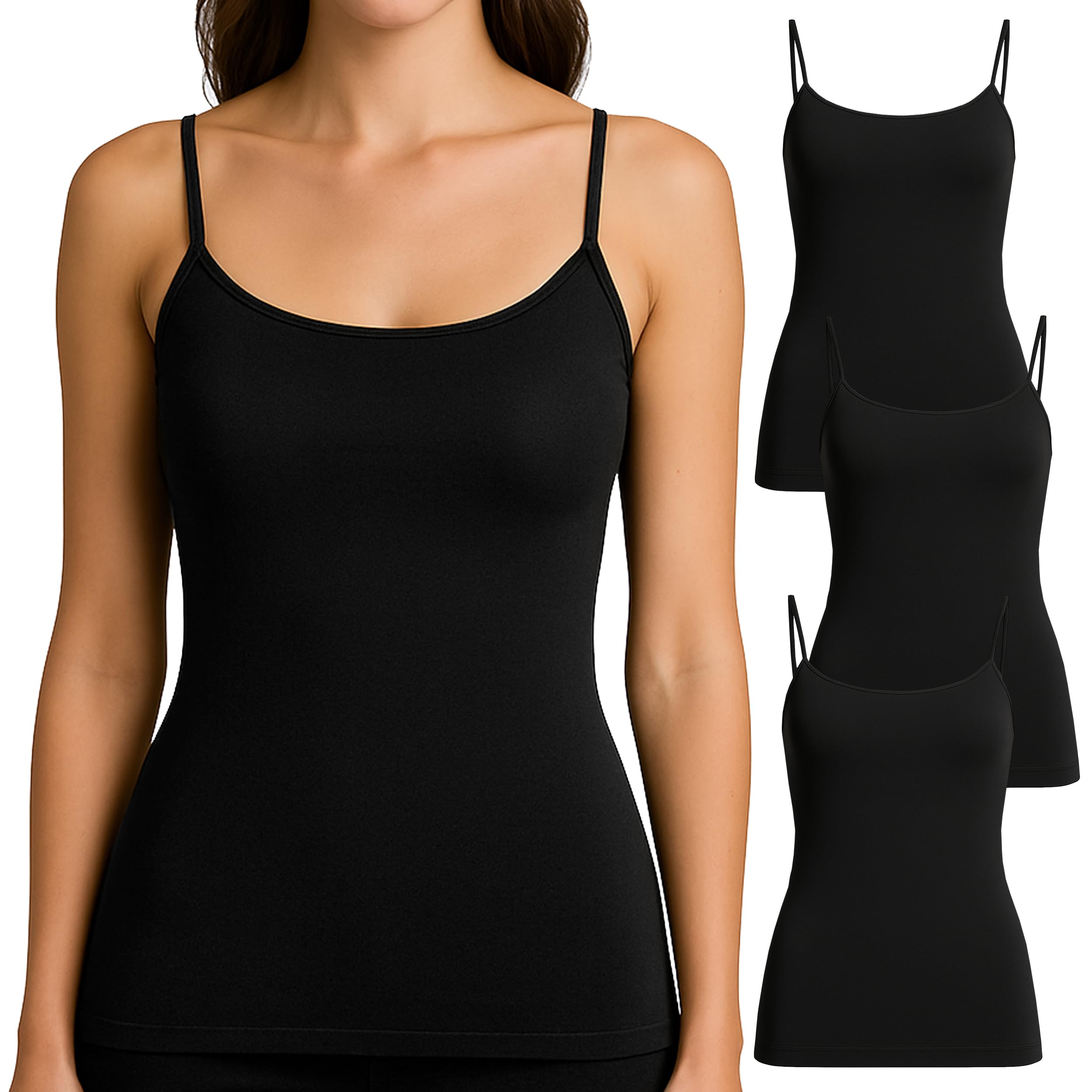 UnsichtBra Pack de 3 Camisetas Interior Mujer Tirantes Finos | Top Ajustado y Moldeador Ligero | Camiseta Shapewear Sin Costuras – Negro, Blanco, Beige