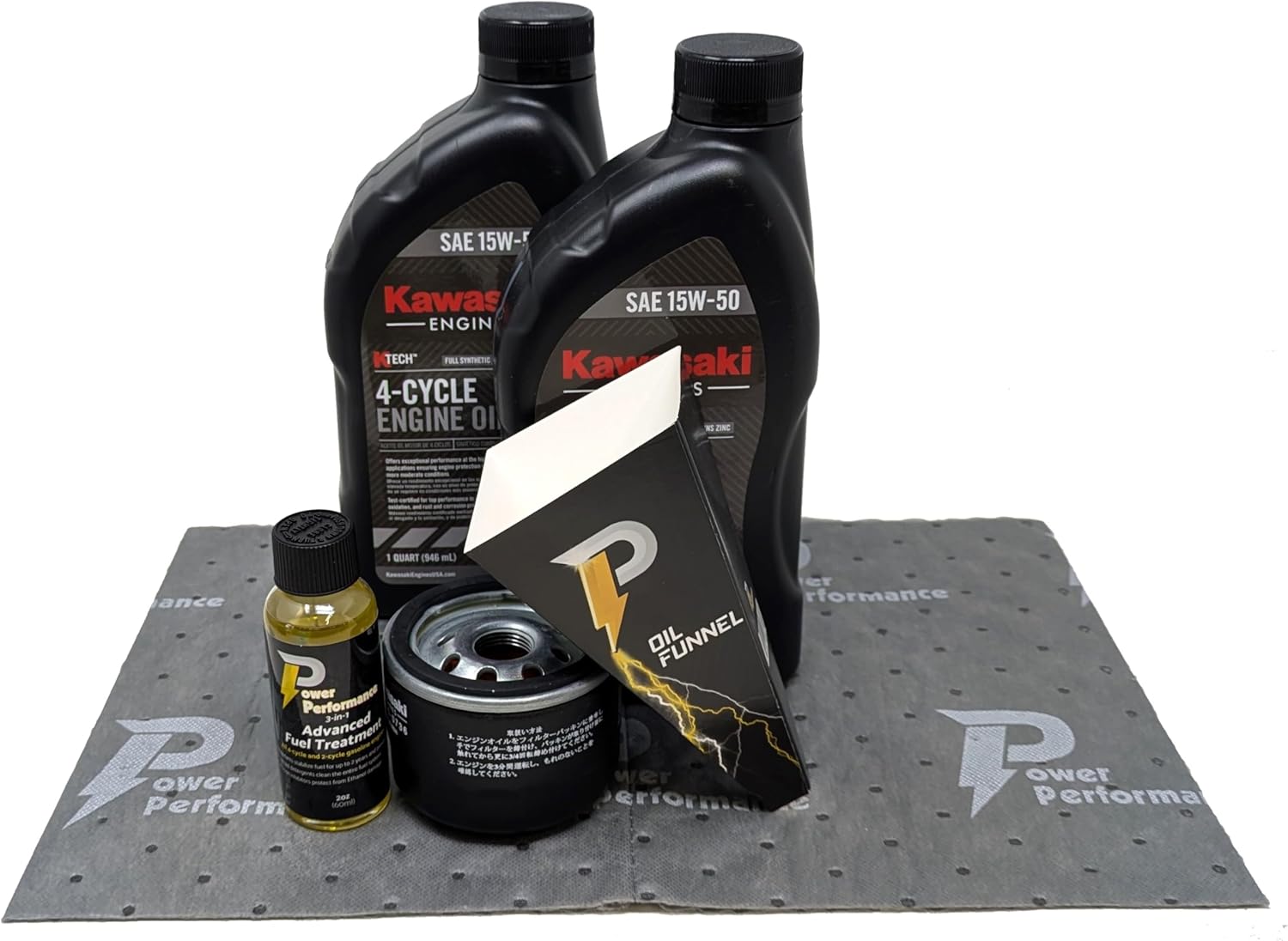 Power Performance 15W-50 Synthetic Oil Change Kit for Kawasaki 49065-0721 (0736) and Fuel Treatment