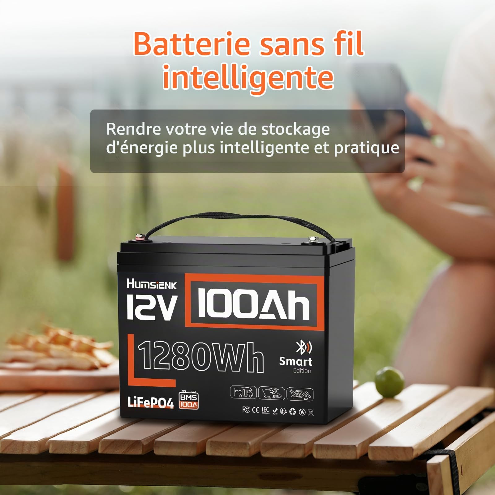 Humsienk Bluetooth Batterie Lithium 12V 100Ah LiFePO4, BMS 100A Amélioré, 1280Wh, 15000 Cycles, Compacte et Légère, Remplace AGM, Idéale pour Camping-Car, Caravane, Bateau, Solaire et Camping