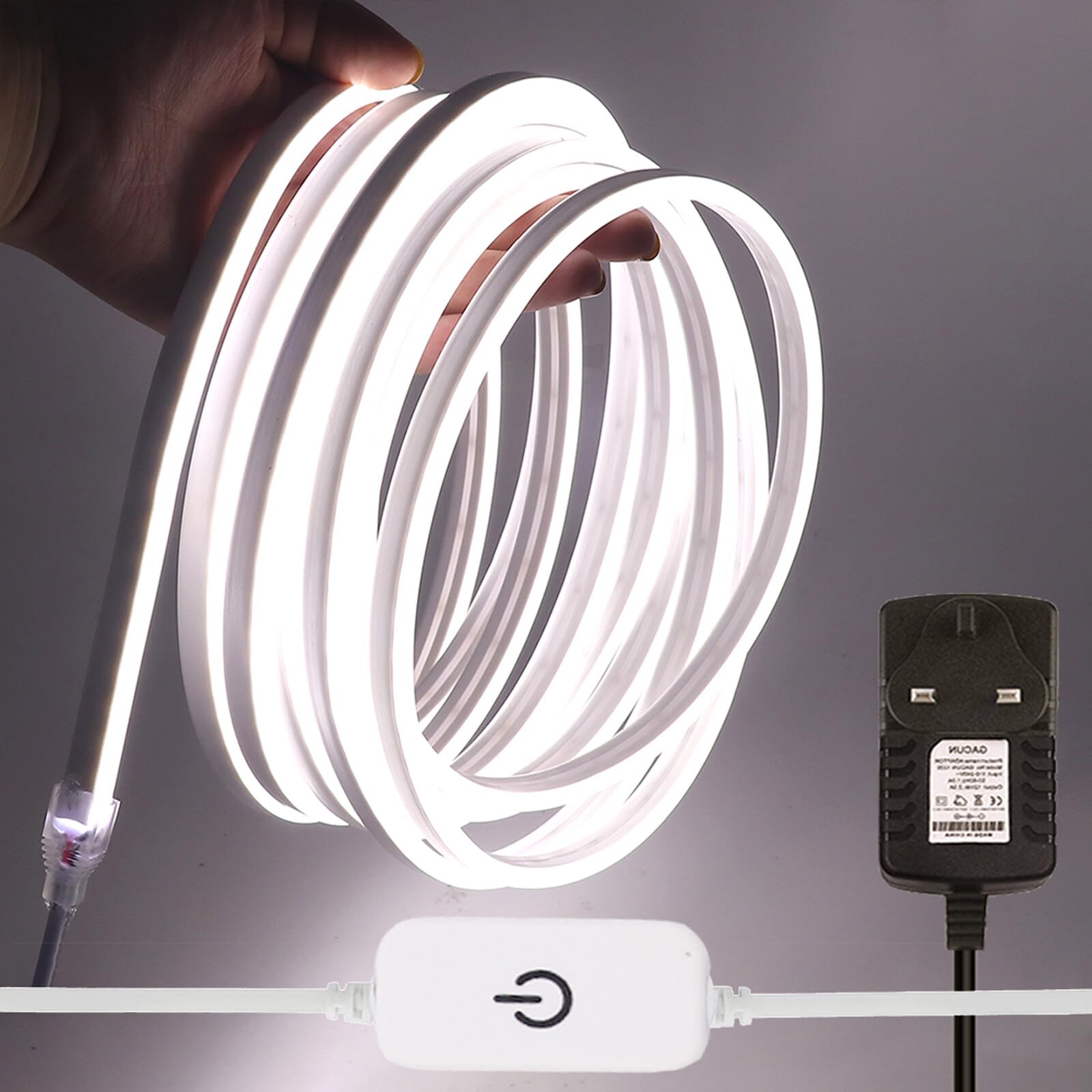 HEGEHE Dimmable LED Neon Light Strip Kit, 4m Cold White Neon Rope Light + ITOUCH Dimmer Switch + 12V DC Power Supply, Flexible and Waterproof for Home DIY Commercial Decor — image 1