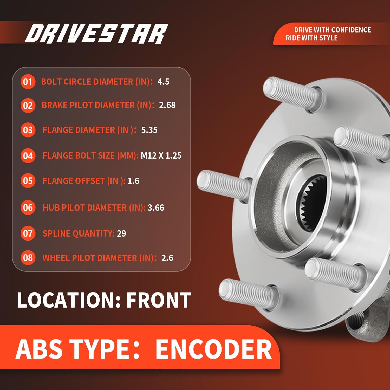 DRIVESTAR 2Pcs 513294 Front Wheel Hub and Bearing Assembly for Nissan Altima 2007 2008 2009 2010 2011 2012 (2.5L 4-Cylinder Models Only), 5 Lugs with Encoder ABS