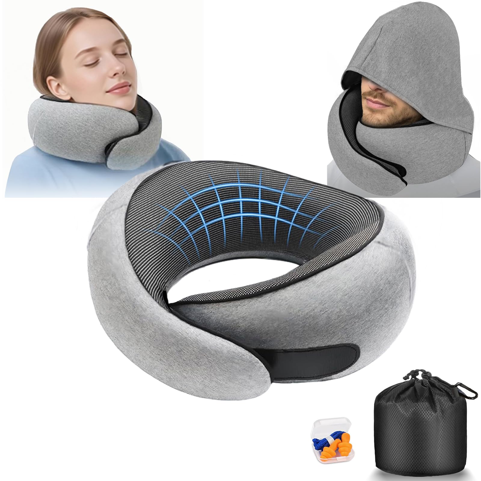 Almohada de Viaje, Almohada de Cuello para avión con Capucha, Soporte de Espuma viscoelástica de 360°, Funda Lavable para Coches, Tren y Oficina (Gris)