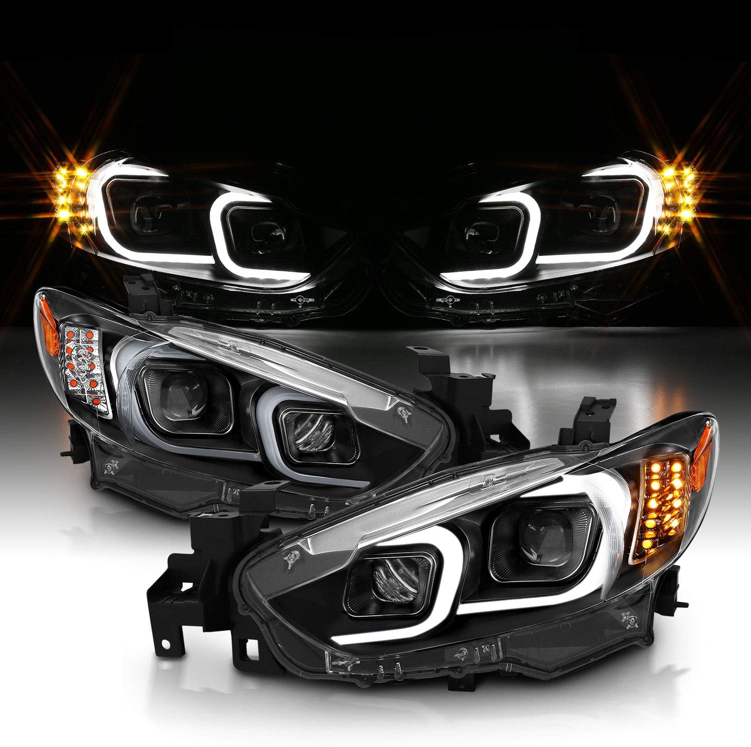 AmeriLite Black Projector Headlights With Glow Bar For 2014-2017 Mazda 6 (Pair) High/Low Beam Bulb Included