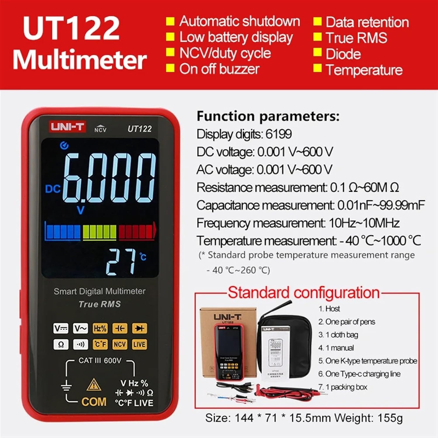 1PCS UT121A UT121B UT122 Smart Digital Multimeter AC Voltage Tester Multimeter True RMS Digital Capacimeter Frequency Meter(UT121B)