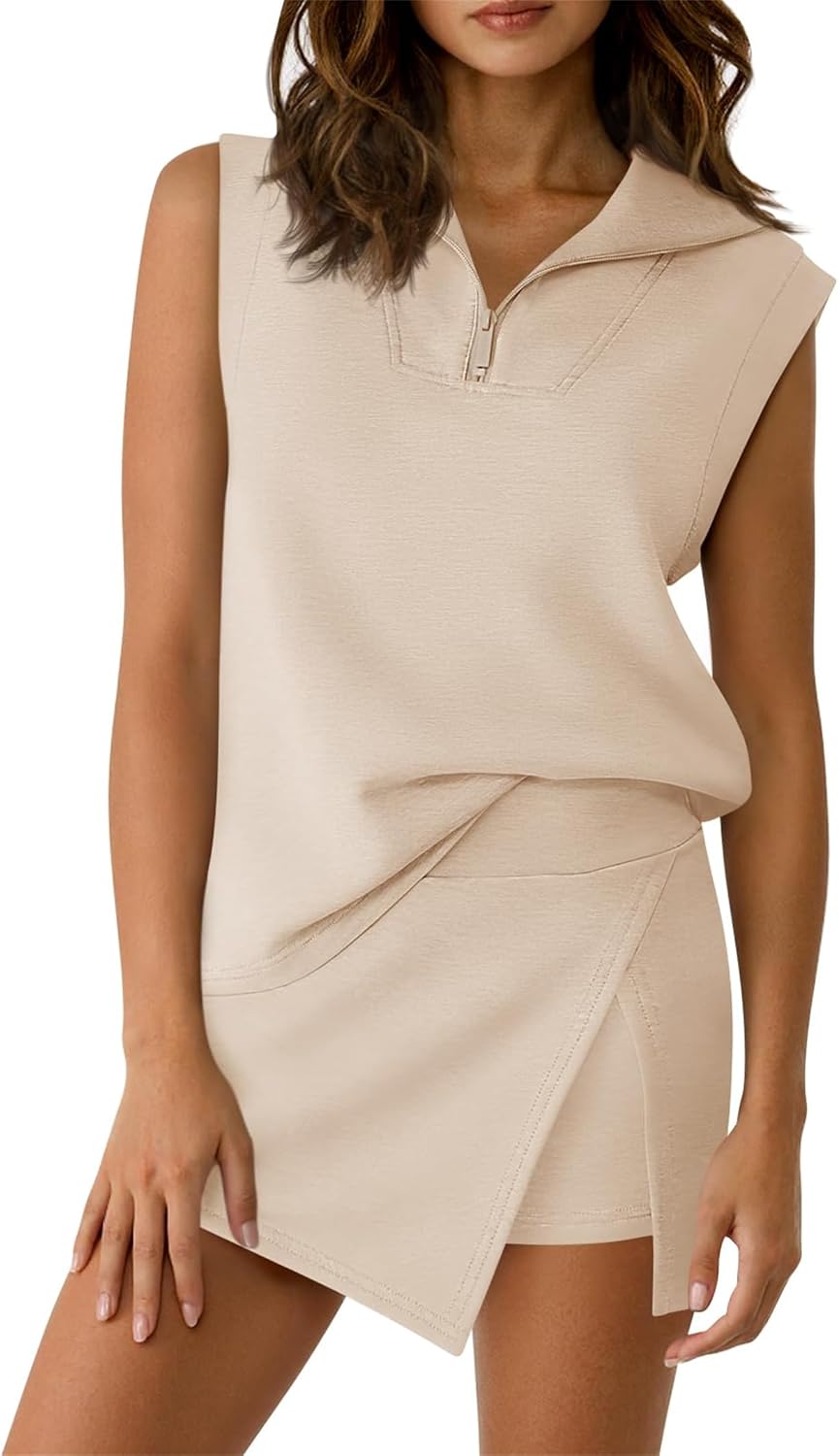 Womens Two Piece Skirt Set Summer Sleeveless Collared Half Zip Sweatshirt Athletic Skorts Tennis Outfit Sweatsuits Lounge Set