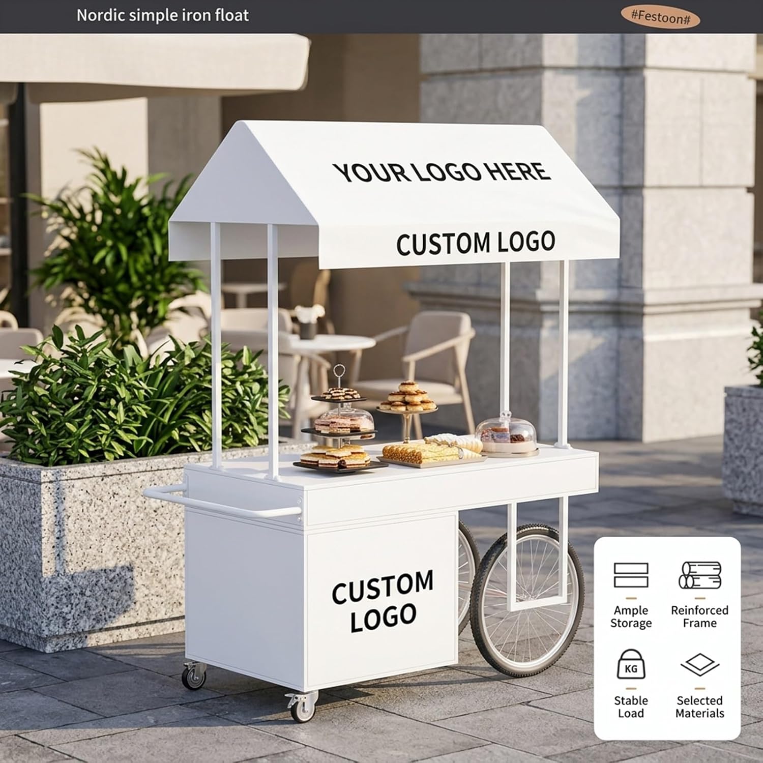 Portable Food Cart with Striped Canopy, Vendor Stand with Storage Box, Mobile Market Stall for Outdoor Events, Street Food, Markets(White,47.2 * 27.6in)