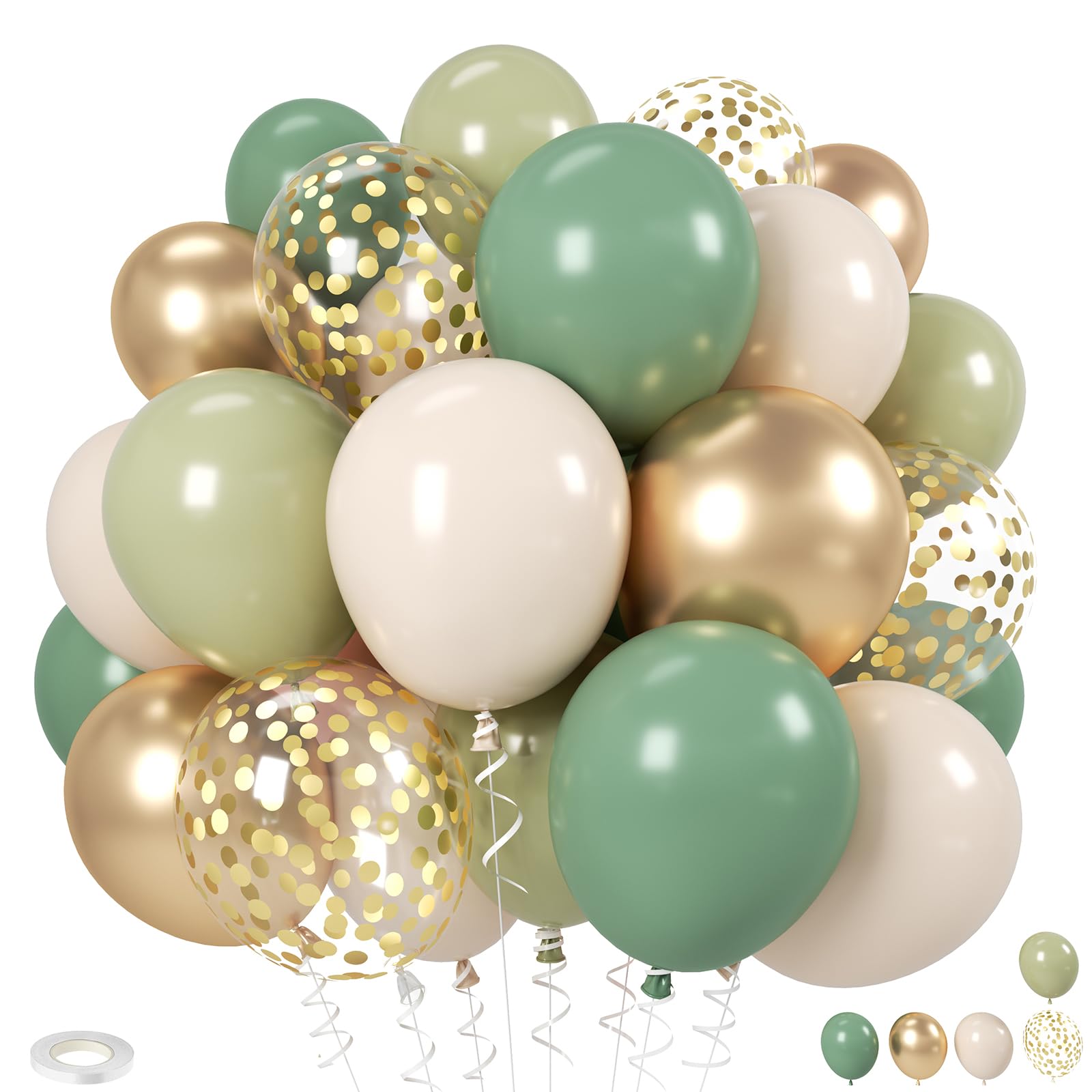 Sage Green and Gold Balloons, 12 Inch Green White and Gold Latex Balloon, 20 Pcs Olive Green Champagne Gold Confetti Balloons for Kids Birthday Party Baby Shower Wedding Decorations