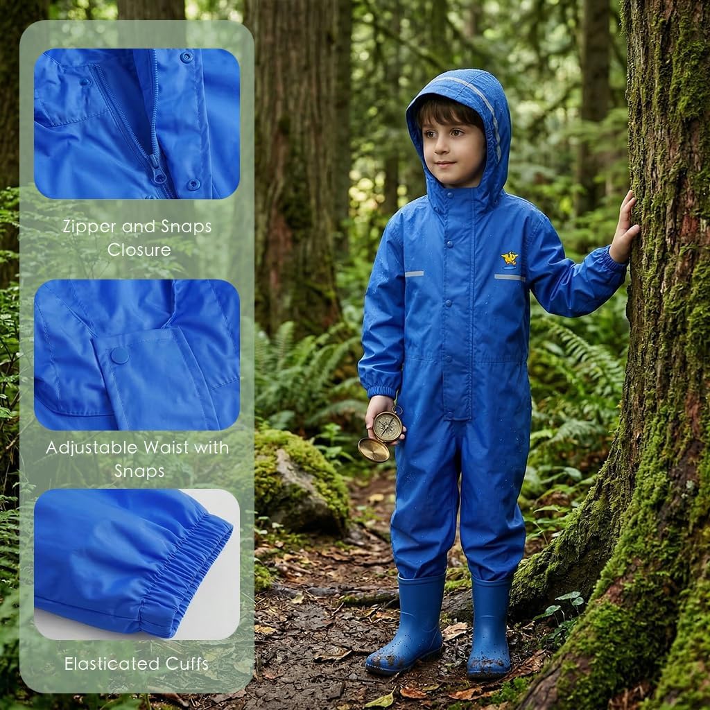 Toddler Kids Rain Suit for Boys Girls One Piece Hoodie Waterproof Coverall Lightweight Rain Jacket 2-12 Years