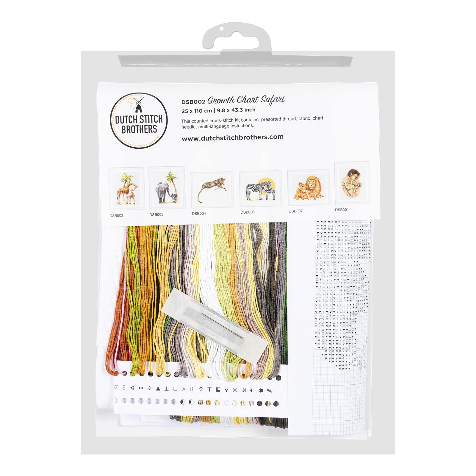 DUTCH STITCH BROTHERS - Zestaw do liczonego haftu krzyżykowego - DSB002L - Wykres wzrostu Safari - biała pościel - 100 x 25 cm - DIY dla dorosłych