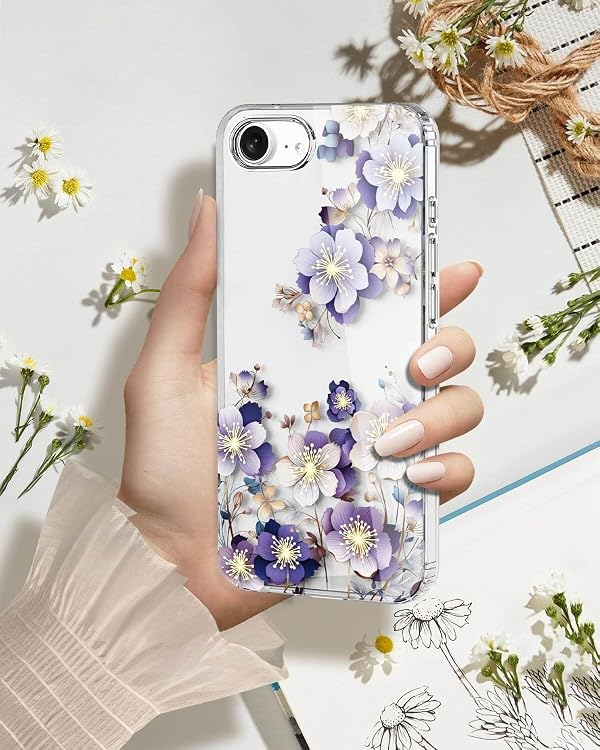 JHWVVTF for iPhone 17e/iPhone 16e Case 6.1'' - Aesthetic Floral Clear Designed, Slim Protective Shockproof TPU Bumper with Hard PC Back, Anti-Scratch Cute Flower Cover for Women & Girls (Purple) by JHWVVTF - Used condition - Image 6