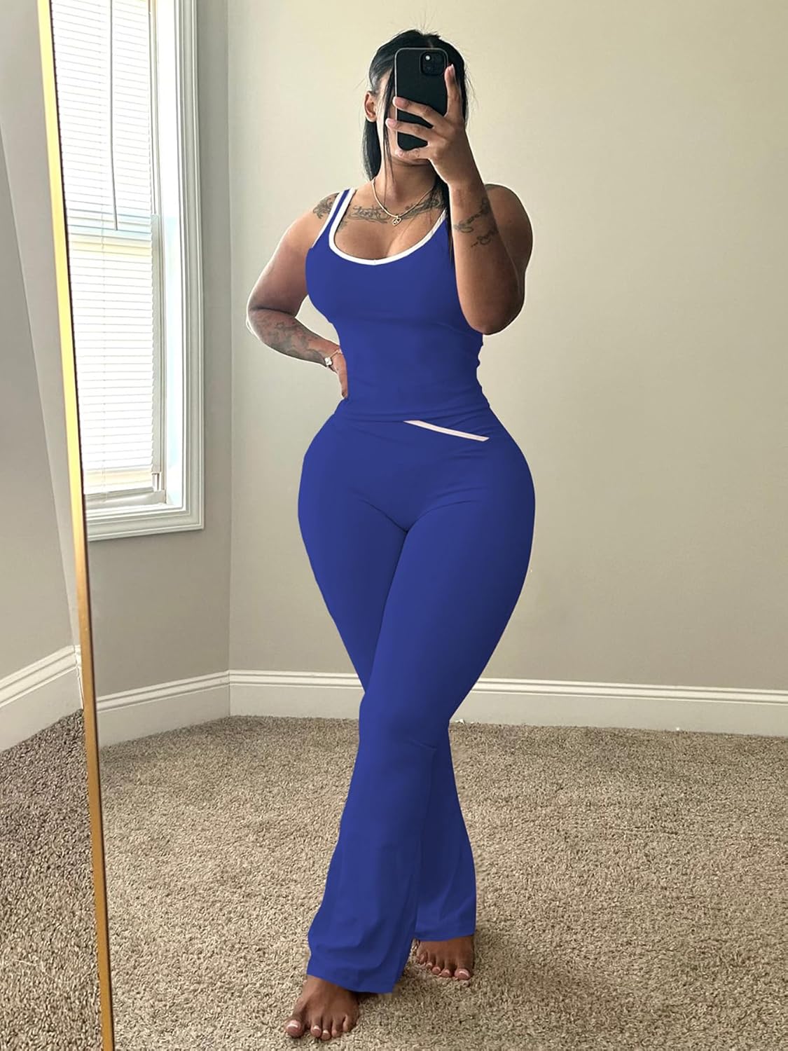 HBQ 2 Piece Sets For Women Summer Contrast Binding Backless Crop Tank Top and Flare Pants Lounge Sets Tracksuit - Image 2