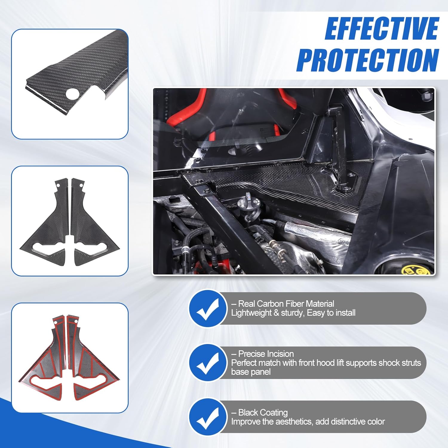 Real Carbon Fiber Engine Bay Panel Cover Compatible with Chevrolet Corvette C8 2020-2026, Front Hood Lift Supports Shock Struts Base Trim Cover Accessories 2Pcs (Black)