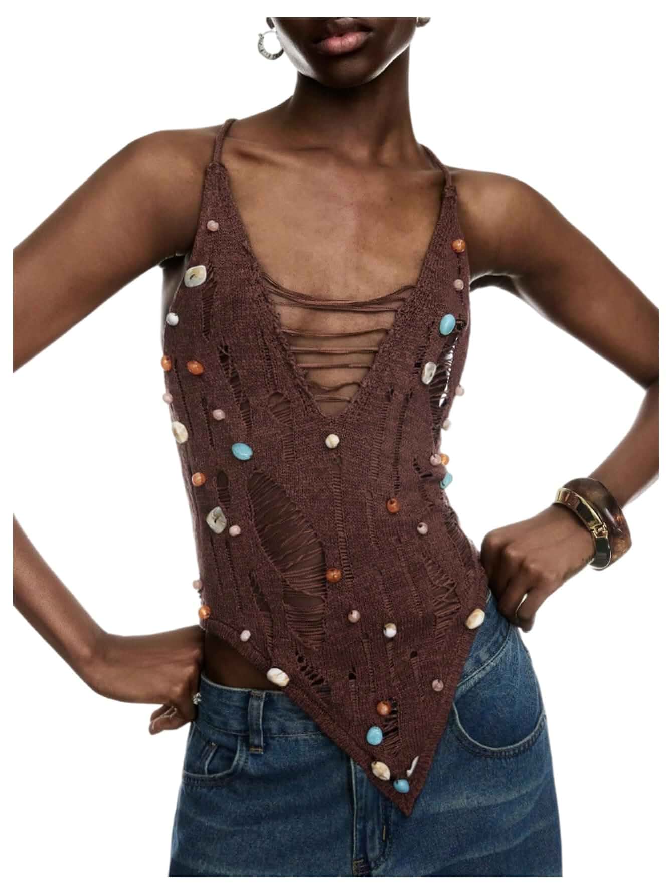 WDIRARA Women's Crochet Ripped Halter Top Beaded Open Back Asymmetrical Y2k Knit Tops Sleeveless