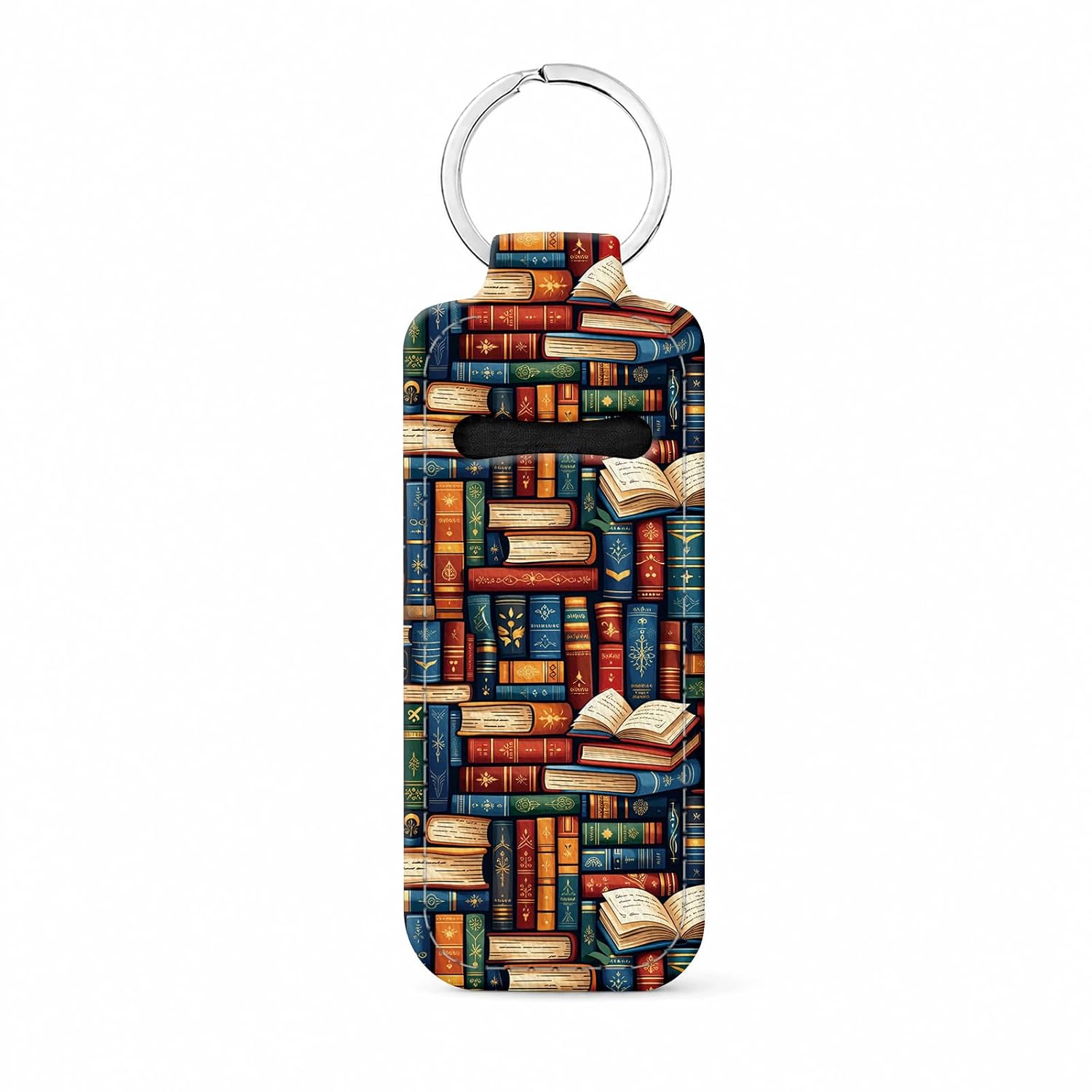 Compatible with Chapstick Holder,Personalized Lip Balm Holder Keychain, Reusable Elastic Fabric Chapstick Sleeve-Christmas Gift Idea(Book Stack)