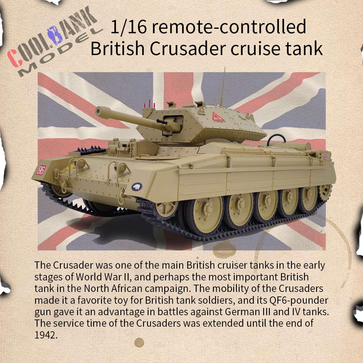 Czołg RC 1/16 dla dorosłych, model czołgu 2,4 G British Crusader RC z dźwiękiem i światłami oraz trybami podwójnej prędkości, model pojazdu RC dla entuzjastów wojskowych (RTR/pustynny żółty)