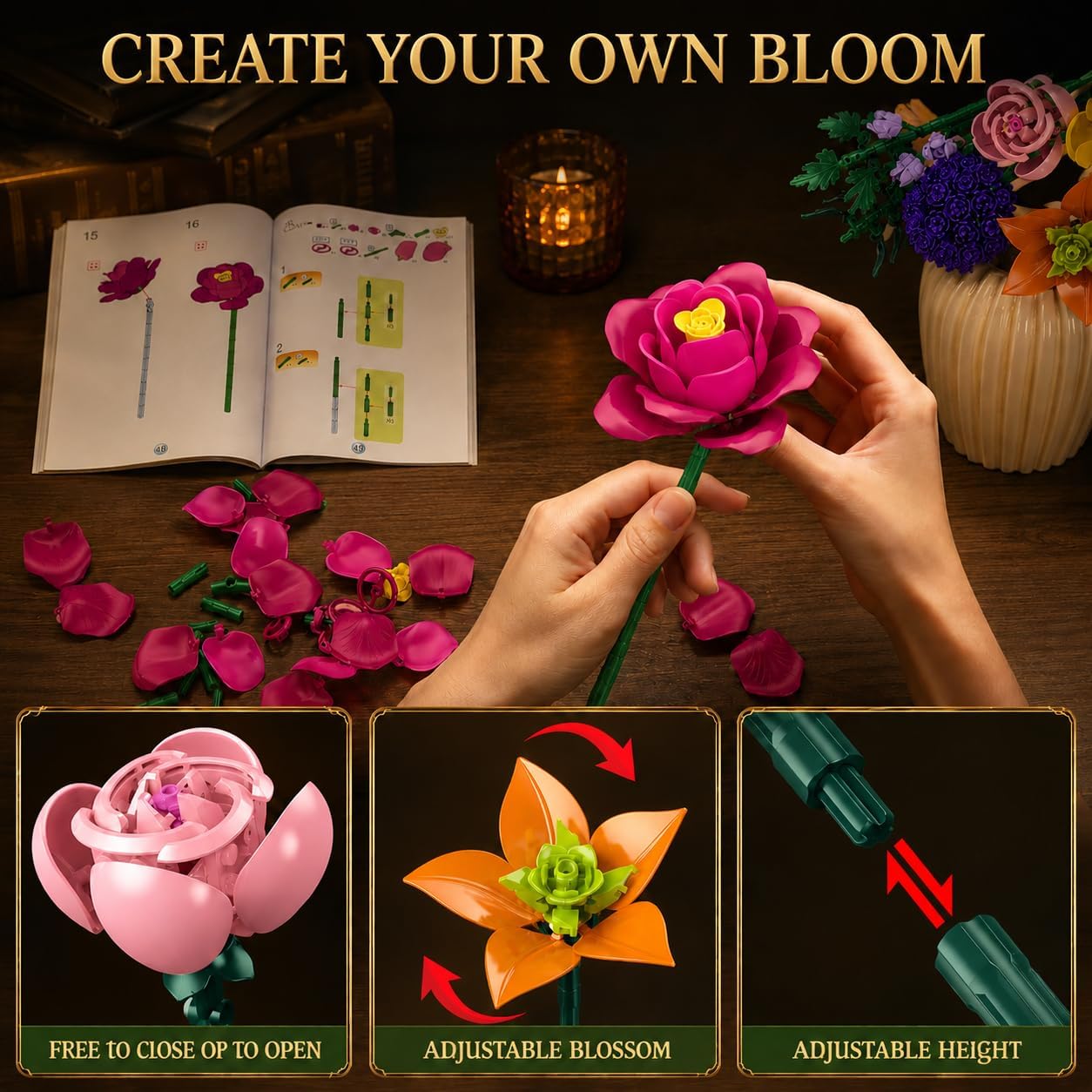zinat Flower Building Blocks Set, 933PCS Aesthetic Botanical Construction Kit, DIY Artificial Flower Decor Home Desk Decor, Elegant Home Display for Women and Girls Ages 8+ image 5