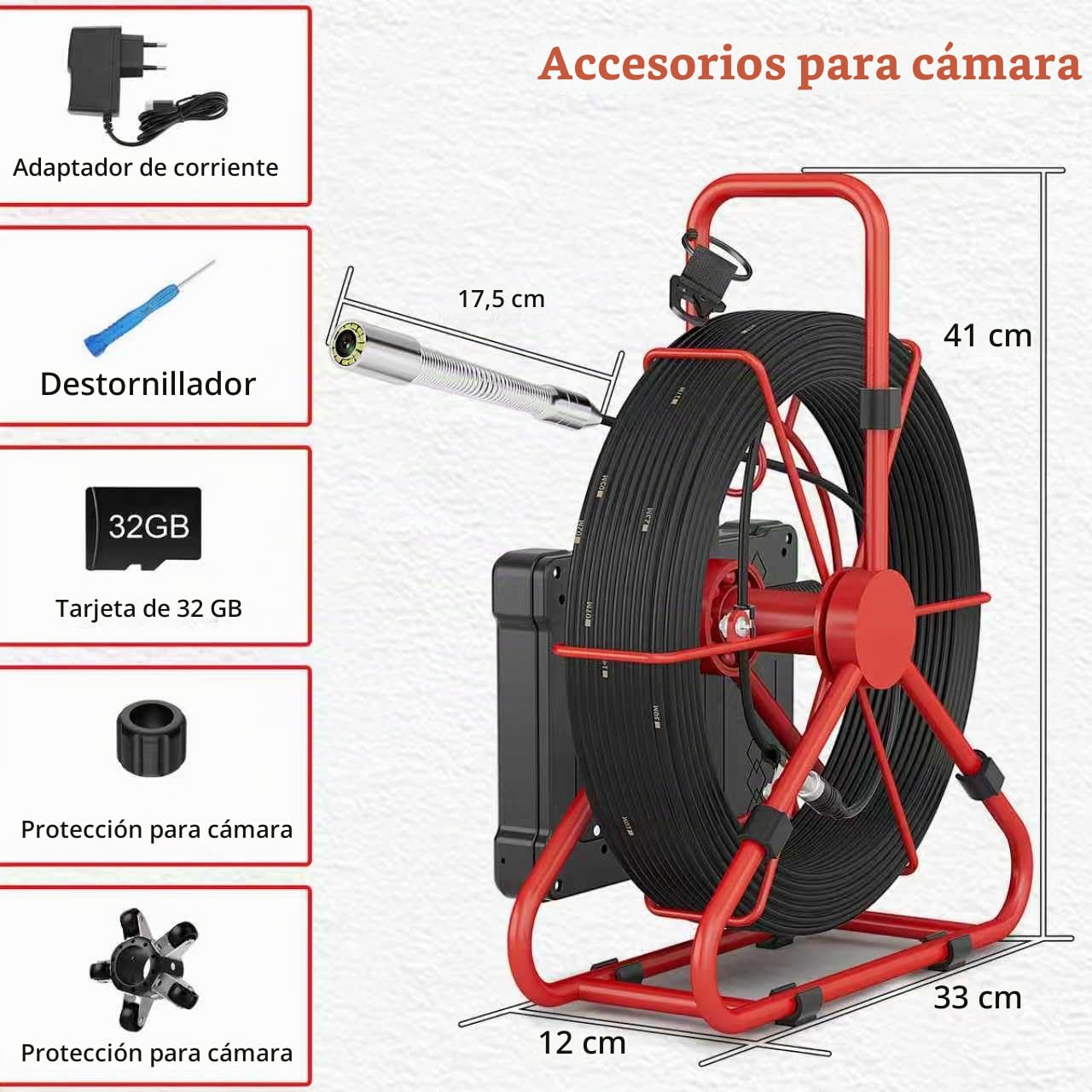 Cámara Inspección Tuberías 30M con Pantalla IPS de 7", Cámara Endoscópica DVR y Audio, Endoscopio Industrial para Alcantarillado con Cable de 5 mm y Marcadores de Metros, Tarjeta de 32GB Incluida