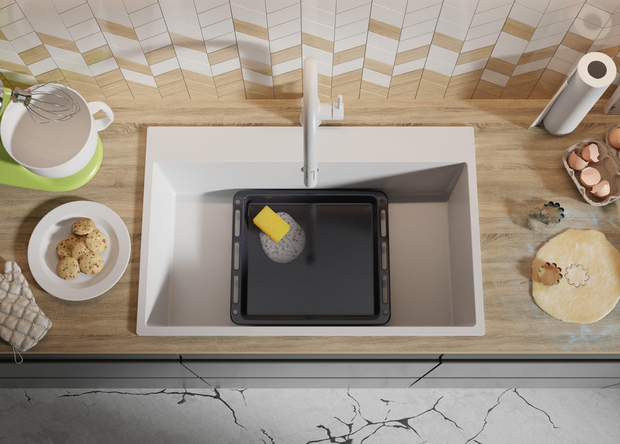 PRIMAGRAN Lavello da Cucina Bianco 78x50cm, Lavandino in Granito a 1 vasca + Sifone Classico, Lavabo da Cucina Incasso al Mobile 80cm - Riga S396
