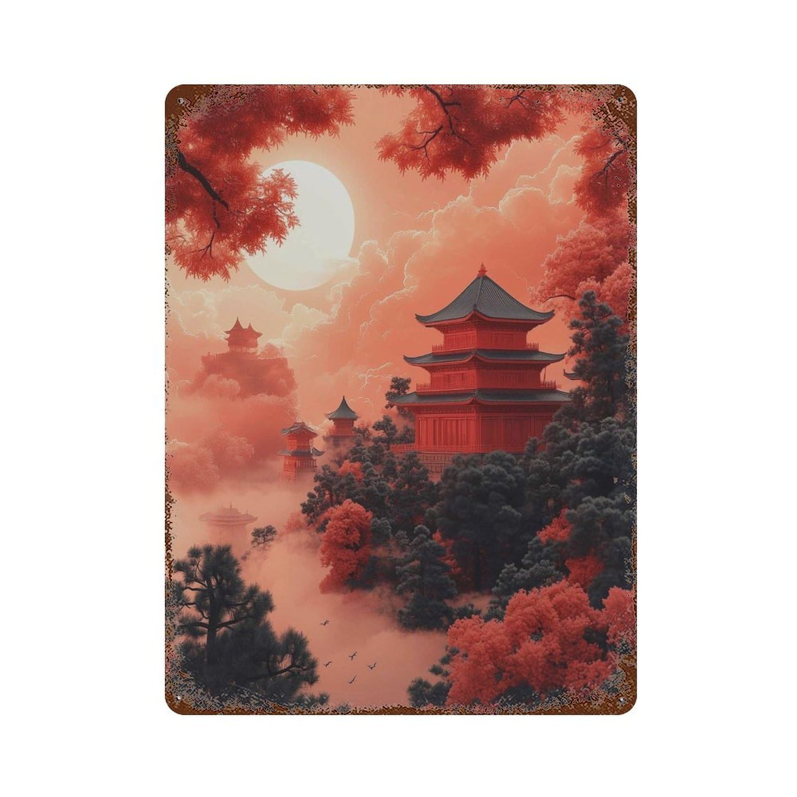 xiaoxiaoshen Red Japanese Temple Asian Landscape Pagoda Sun Misty Mountains Dramatic Oriental Wall Decor Art Metal Tin Poster Modern Home Decor Art Home Bar Shop Decorations Vintage Sign 40x30cm