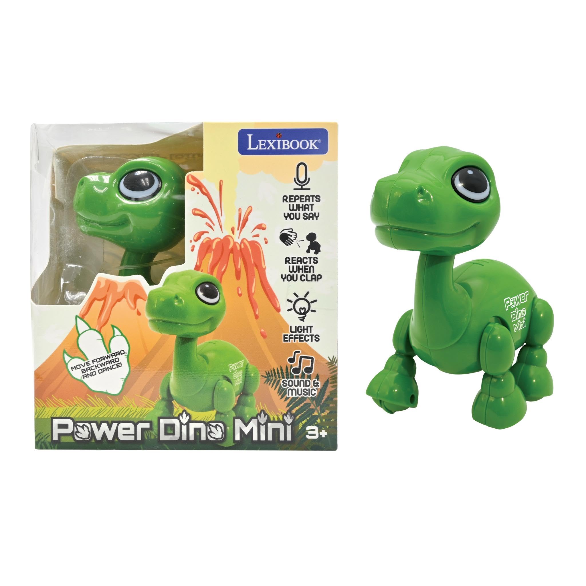 LEXIBOOK, Power Dino Mini, My Little Dinosaur Robot, Dinosaur Robot with Sounds, Music, Light Effects, Voice Repeat and Sound Reaction, Toy for Boys and Girls, ROB02DINOLXB